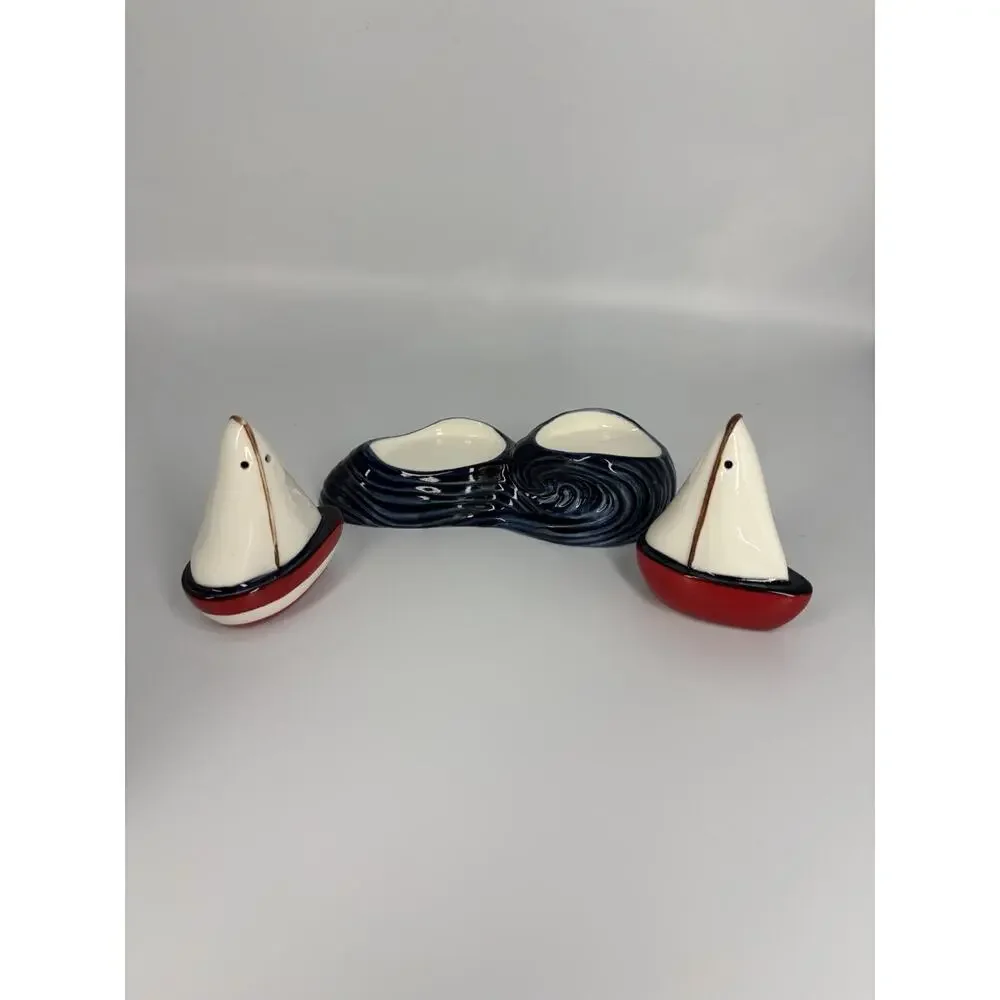 Set of 3 Anthropologie Maritime Lighthouse Jug Pitcher Butter Keep Salt Pepper